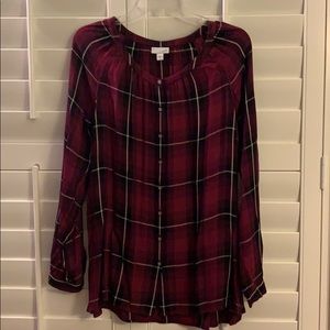 JJill Plaid Button Down Burg/Black Tunic Size M